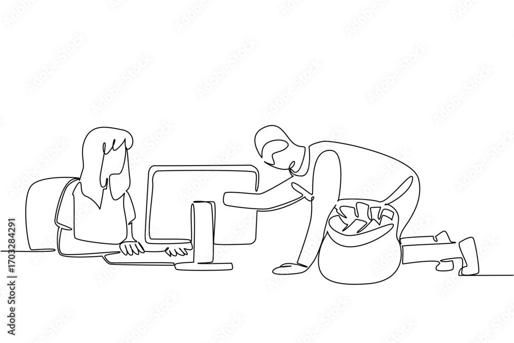 Poster continuous one line drawing woman typing and thief putting the hand into the monitor. fatal user err
