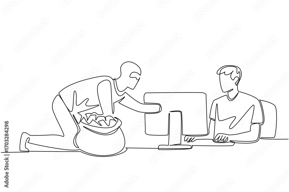 Aufkleber single one line drawing a man typing and thief putting the hand into the monitor. weak password are 