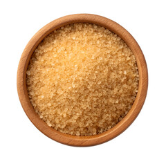 Close up of brown sugar granules filling a round wooden bowl against a studio shot isolated on white background