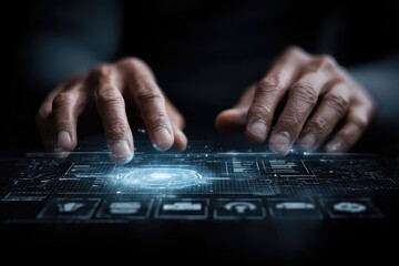 Hands interacting with a futuristic, holographic interface