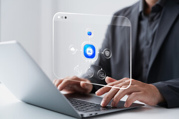 The concept of AI-powered virtual assistant transforming digital business communication through a smart chatbot interface on laptop for automation, support, and productivity.