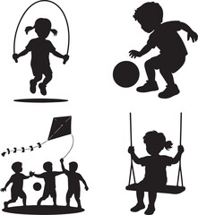 Silhouette icons of children playing jump rope soccer kite and swing Keywords: silhouette, children