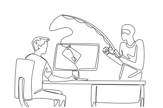 Continuous one line drawing man typing and thief fishing credit card from top of screen. Hacker commit cyber crimes. National Senior Fraud Awareness Day. Single line draw design vector illustration