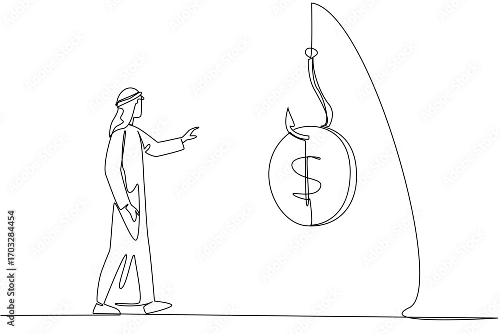 Poster single continuous line drawing an arab man chases a hook with a dollar coin attached. small change t
