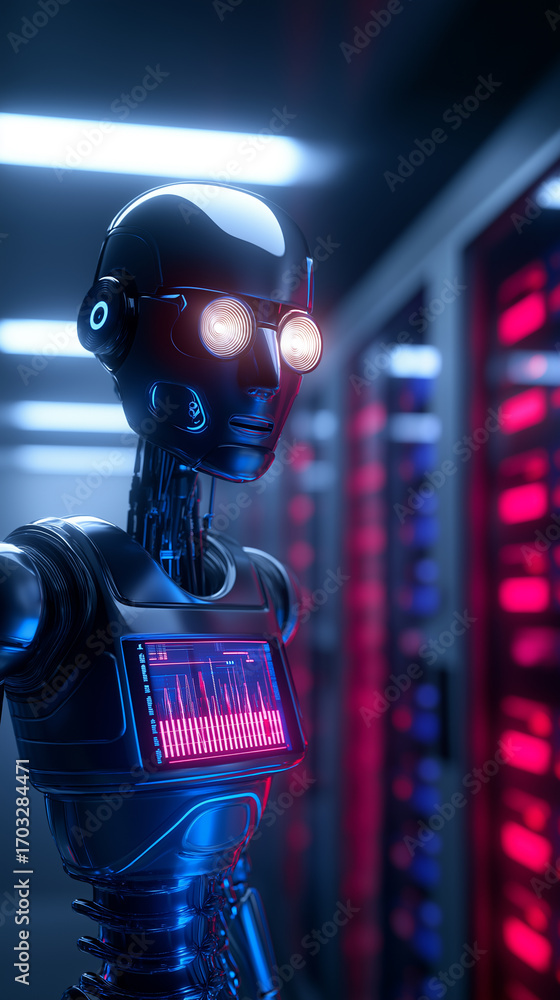 Poster futuristic robot with glowing eyes and display screen in server room.