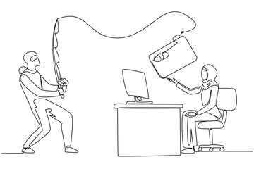 Single one line drawing an arab woman typing on a laptop and the thief fishing for a large credit card. Careless. Loss. National Senior Fraud Awareness Day. Continuous line design graphic illustration