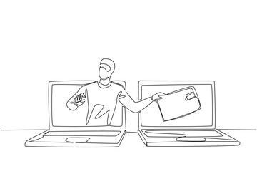 Single continuous line drawing a masked thief taking a credit card from another laptop screen. The system is easy to hack. National Senior Fraud Awareness Day. One line design vector illustration