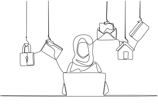 Continuous one line drawing an arab woman typing on a laptop and 5 important icons. Using combination passwords. Safe. National Senior Fraud Awareness Day. Single line draw design vector illustration - Powered by Adobe