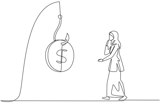 Continuous one line drawing an arab woman chases a hook with a dollar coin attached. Lured by fraudulent investments. National Senior Fraud Awareness Day. Single line draw design vector illustration