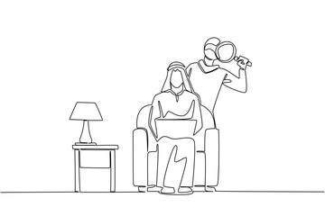 Single continuous line drawing an arab man holds a laptop and the thief uses a magnifier. Looking for loopholes to cheat. Hack. National Senior Fraud Awareness Day. One line design vector illustration