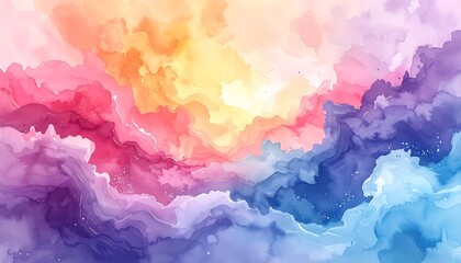Watercolor clouds flowing in layered hues, blending pinks, oranges, yellows, purples, blues in an ethereal swirl