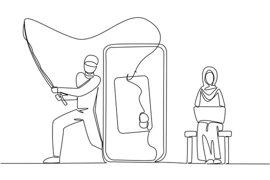 Single continuous line drawing an arab woman sits typing on laptop and thief hides fishing for credit cards. Busy by thieves. National Senior Fraud Awareness Day. One line design vector illustration - Powered by Adobe