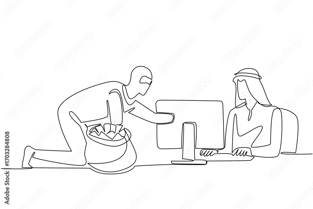 Poster single continuous line drawing arab man typing and thief putting money into money bag. fatal system 