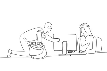 Single continuous line drawing arab man typing and thief putting money into money bag. Fatal system weakness. Hacking accounts. National Senior Fraud Awareness Day. One line design vector illustration