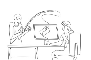 Single continuous line drawing arab man typing and thief fishing for credit card. Competing security levels. Lack of agility. National Senior Fraud Awareness Day. One line design vector illustration