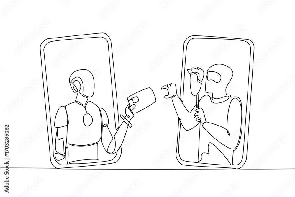Poster continuous one line drawing robot emerges from smartphone and hands credit card to thief. weak syste