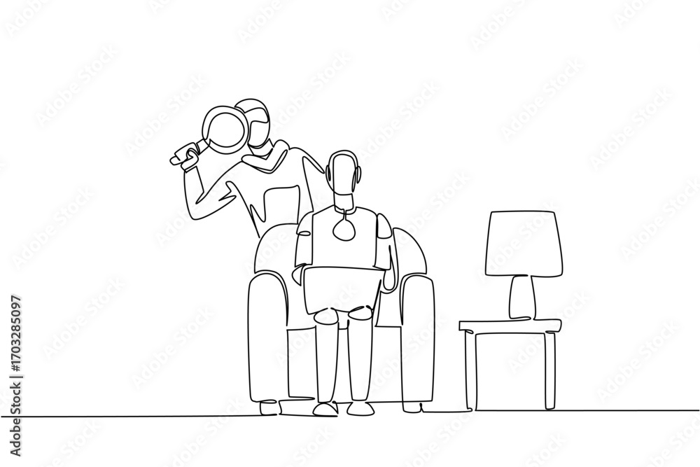 Poster single continuous line drawing robot sits on sofa holding laptop and masked thief uses a magnifier. 