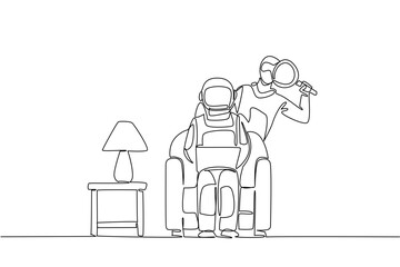 Continuous one line drawing astronaut sits on sofa holding laptop and thief uses a magnifier. The burglary incident. National Senior Fraud Awareness Day. Single line draw design vector illustration