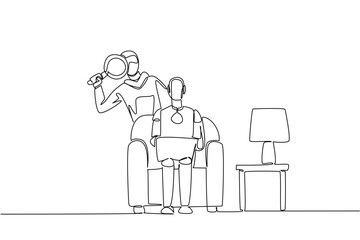 Single continuous line drawing robot sits on sofa holding laptop and masked thief uses a magnifier. Observe before breaking in. National Senior Fraud Awareness Day. One line design vector illustration