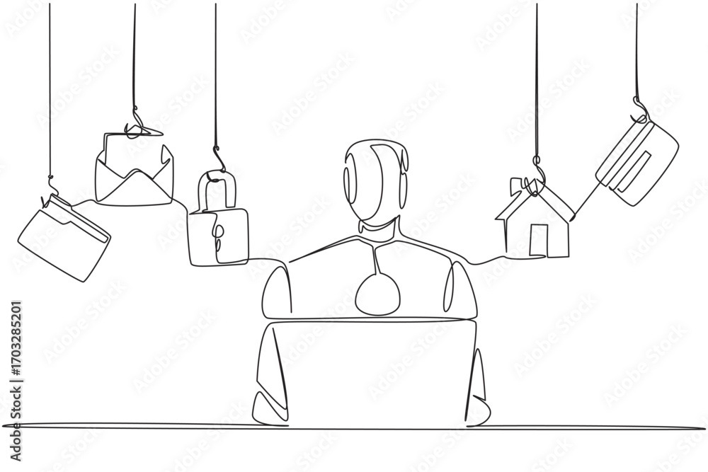 Aufkleber single continuous line drawing robot typing on laptop and 5 important icons. intelligence to secure 