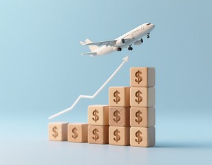 Minimalist conceptual flat lay, airplane toy flying upward, wooden blocks with dollar signs arranged like a rising bar chart, white line graph connecting the blocks, pastel blue background