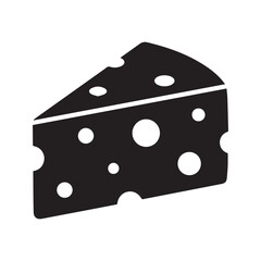Swiss cheese wedge icon. Black food silhouette with holes. Dairy product vector illustration.
