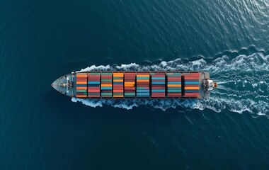 Drone aerial photo of large container ship transporting goods across ocean, multicolored shipping containers on deck, calm blue water, minimal clean background, realistic details
