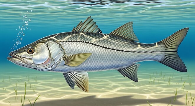 Detailed illustration of a Snook fish swimming underwater in the ocean.