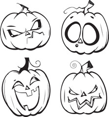Four hand drawn Halloween pumpkins with different spooky and funny faces