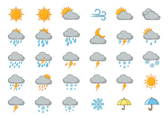 Obraz premium Weather and climate icons, colorful flat vector, isolated.