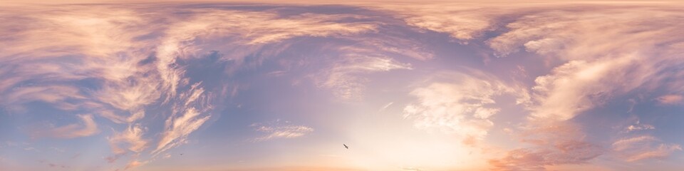 Sunset sky with bright glowing pink Cumulus clouds. Seamless spherical HDR 360 panorama. Full zenith or sky dome in 3D, sky replacement for aerial drone panoramas. Climate and weather change.