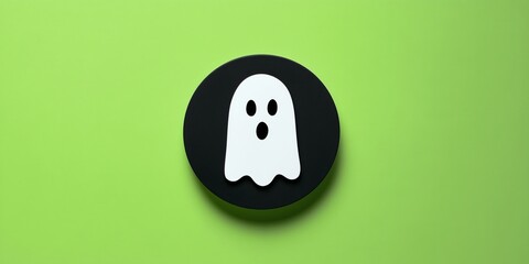 Black circle sticker with white ghost face on neon green background. Minimal Halloween still life embodies playful shopping spirit.