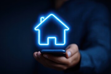 Person holds phone, glowing home icon