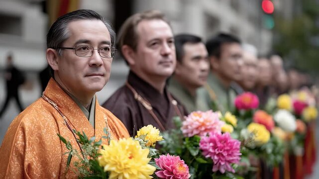 Religious Ceremony Procession Holding Flowers Solemnly