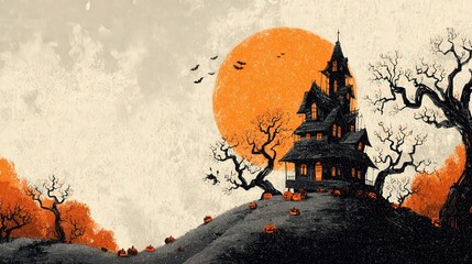 Haunted House, Bare Trees, Orange Moon, Halloween