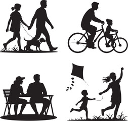 Silhouettes of Family Activities Including Walking Dog Biking and Flying Kite people
