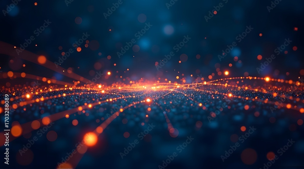 Poster abstract glowing network of connected nodes and lines, minimal communication background, futuristic 
