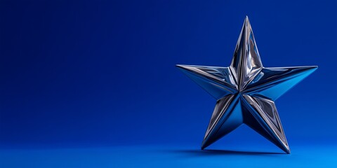 Obraz premium Radiant metallic star sculpture on vivid blue background. Minimal festive still life radiates brilliance and modern holiday spirit.