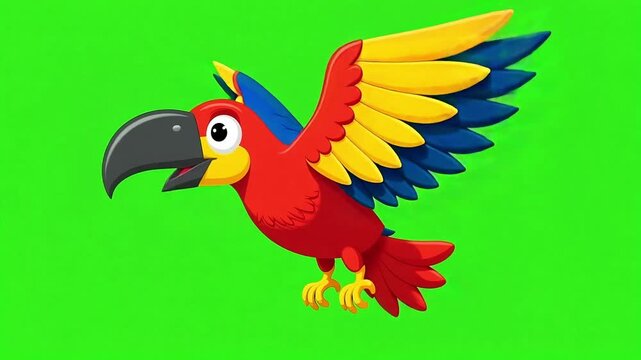 Vibrant cartoon parrot soaring through the air with wings spread wide, a splash of tropical color and dynamic motion across a green screen background