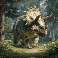 Fototapeta premium Triceratops, a giant dinosaur from the Jurassic period, walking through the forest on a sunny summer day. A wild lizard grazes in a children's dino park.