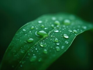 Close-up of a green leaf adorned with water droplets, showcasing nature's beauty in a serene environment