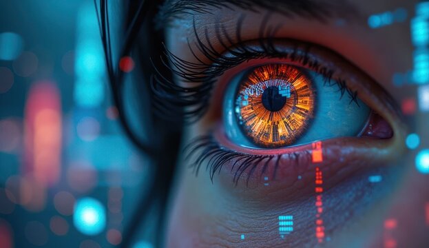 Close-up of a human eye with vibrant orange iris, surrounded by digital data visuals, symbolizing technology