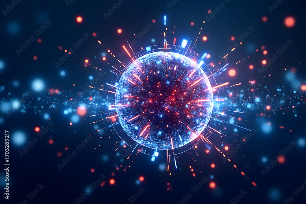 Poster abstract composition of glowing dots and curved lines symbolizing data transmission, futuristic back