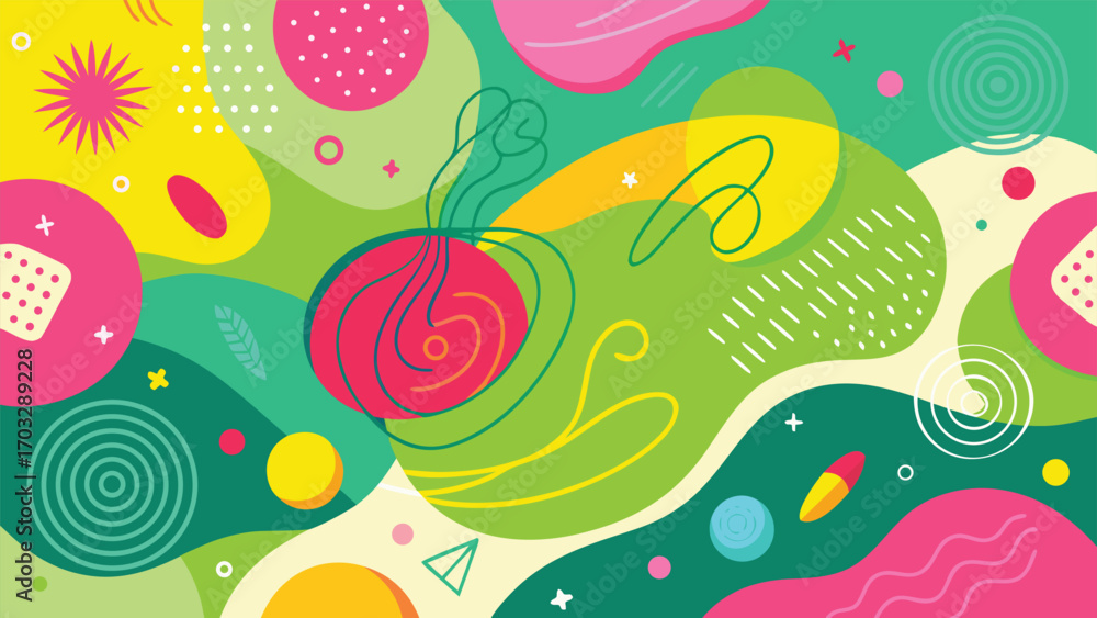 Poster abstract background featuring vibrant shapes and dots in various colors, creating a dynamic and live