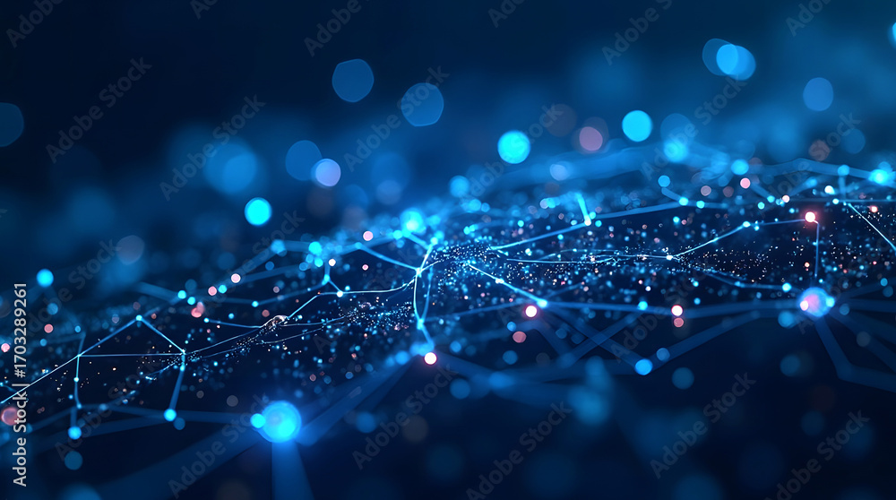 Poster abstract glowing network of connected nodes and lines, minimal communication background, futuristic 
