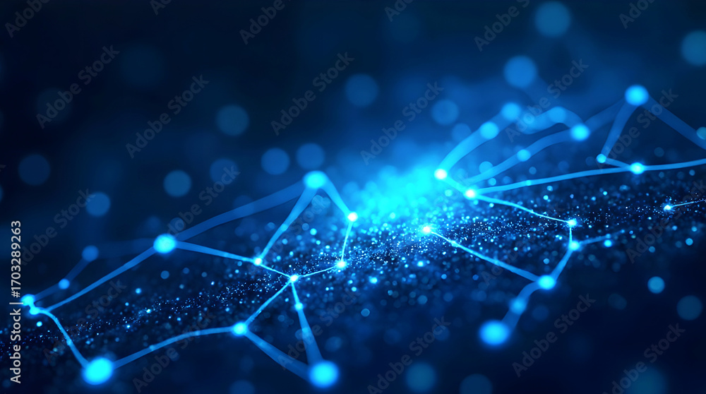 Poster abstract glowing network of connected nodes and lines, minimal communication background, futuristic 