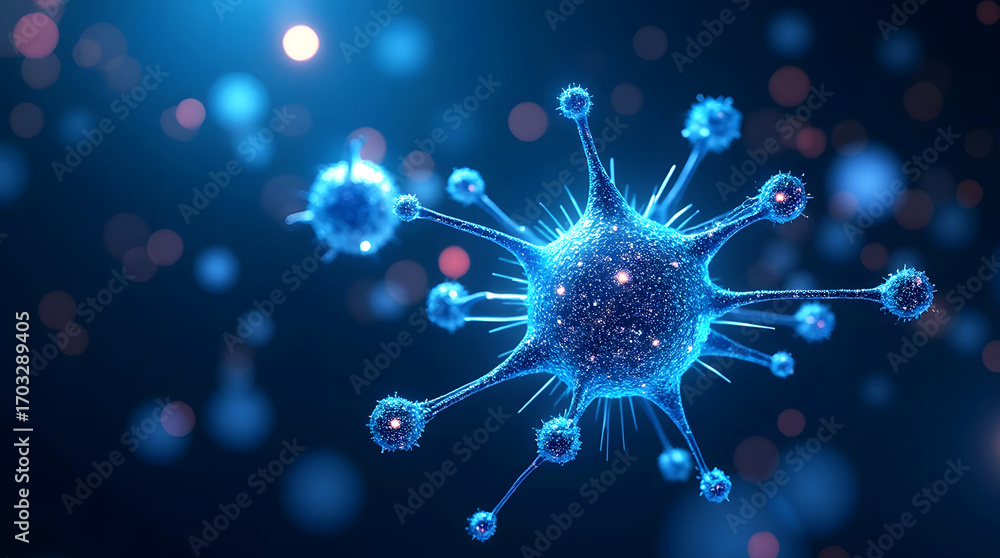 Poster bright abstract blue fractal pattern with glowing particles and magical light.
