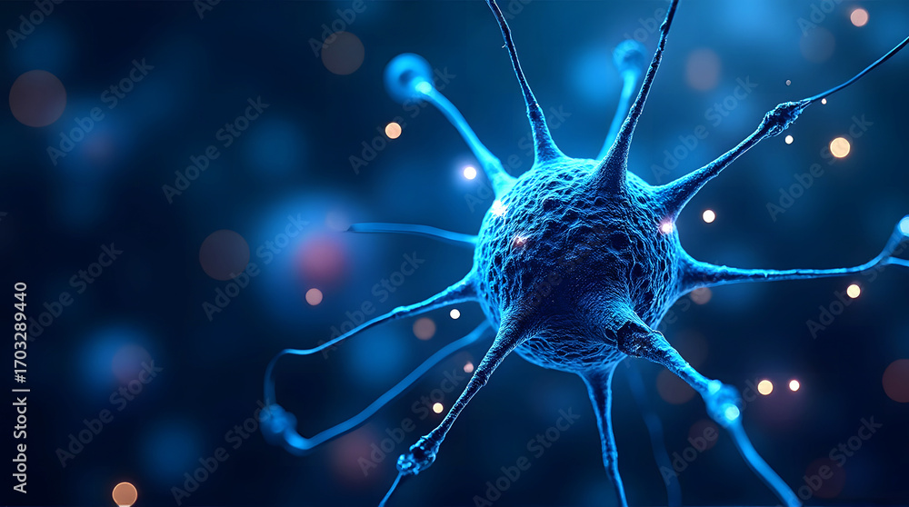 Poster bright abstract blue fractal pattern with glowing particles and magical light.