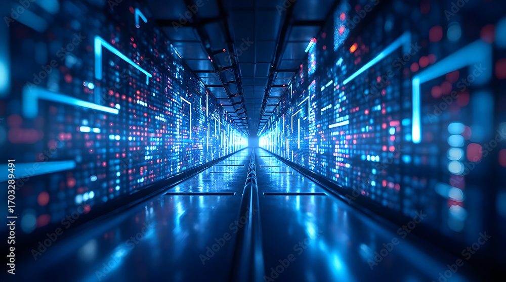Poster abstract composition of glowing dots and curved lines symbolizing data transmission, futuristic back