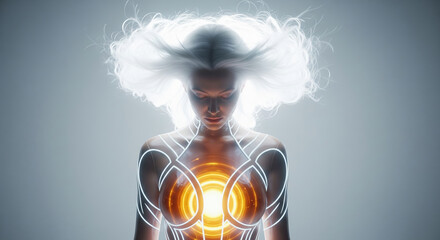 Futuristic goddess with glowing hair and an energy core. Concept of AI, spiritual power, and advanced technology.
